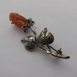 Silver & Amber Rose Brooch